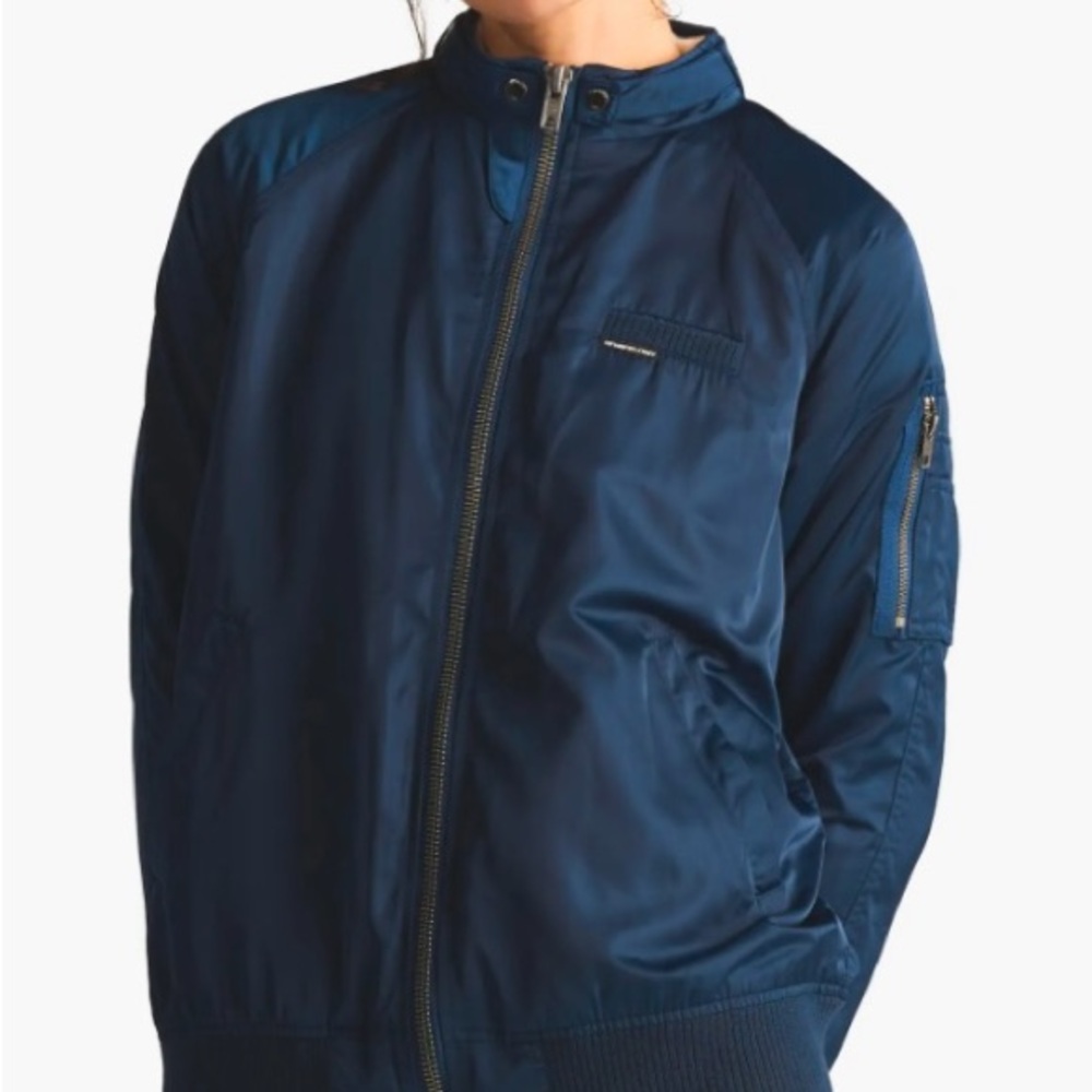 Members Only Blue Bomber Jacket with High Collar and Sleek Design